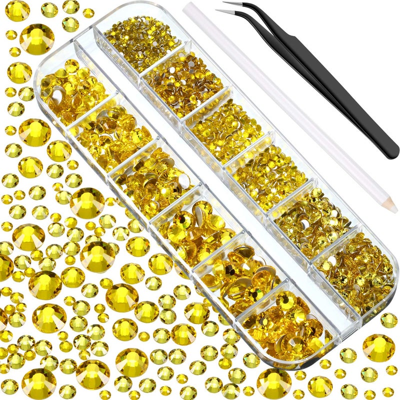 TecUnite 2000 Pcs Lemon Yellow Crystal Rhinestones Bulk for Crafting 6 Sizes Flatback Round Bedazzling Nail Gems with Tweezer Picking Pen for Art Makeup Clothes Shoes DIY - Image 1